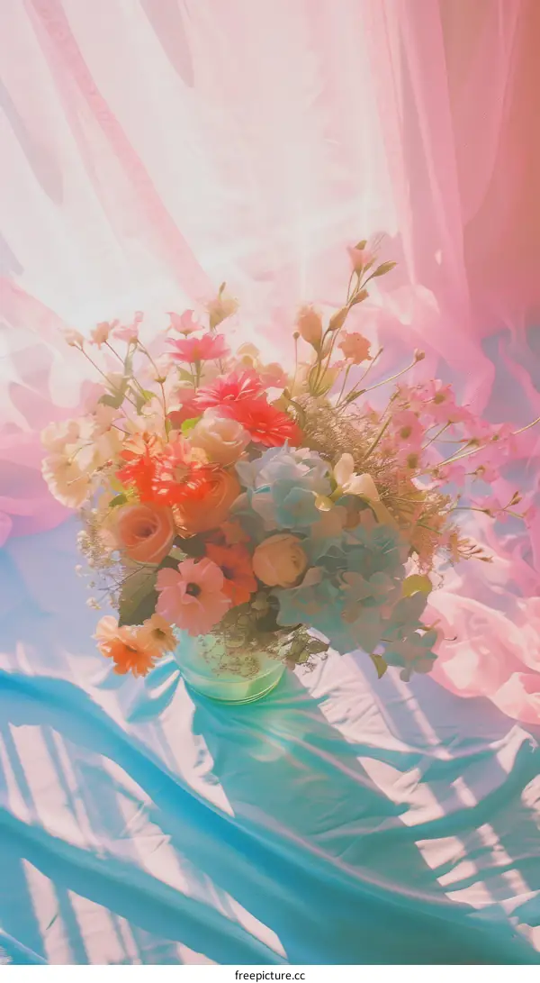 A beautiful bouquet of flowers sits on a table with a pink and blue tablecloth.