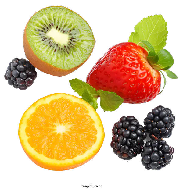 [Transparent Background PNG]Fresh Fruit Mix with Orange, Kiwi, Strawberry and Blackberry