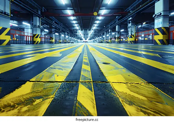 Yellow And Black Striped Lines In A Dark Parking Garage