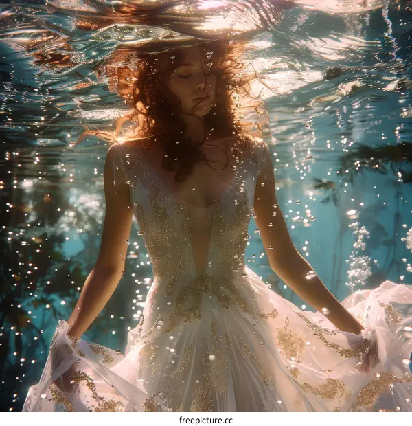 An ethereal photo of a woman floating underwater in a white dress