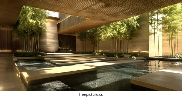 Modern Architecture Design with Water Feature and Bamboo