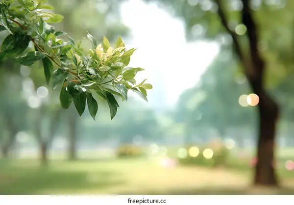 Blurred Park Scene with Green Leaves
