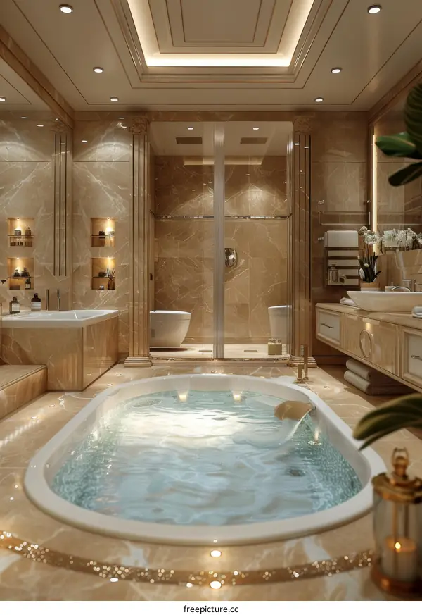 Luxury bathroom interior with bathtub, shower and golden elements