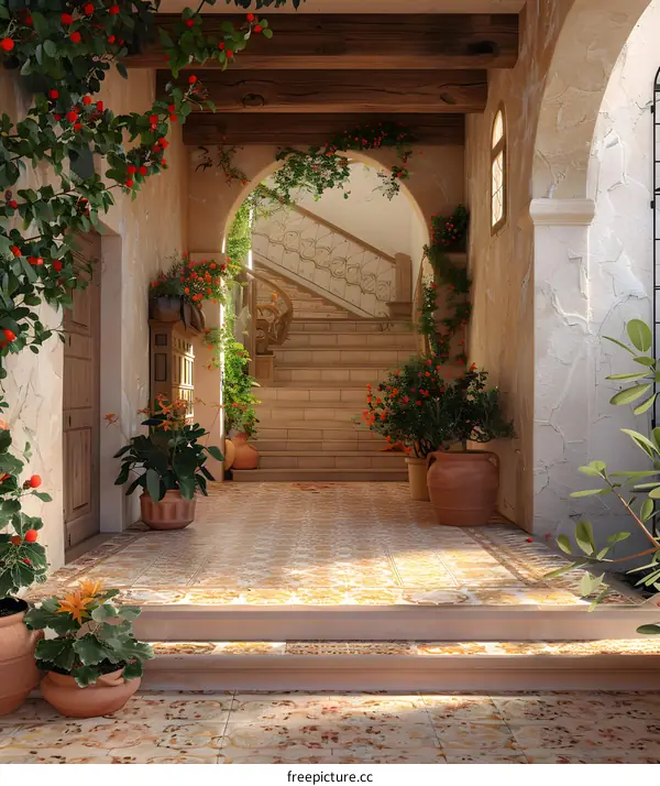 Stone Stairs Leading Up to an Arched Entrance in an Italian Villa