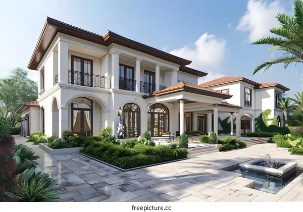 A magnificent three-story house with a pool and a beautiful garden