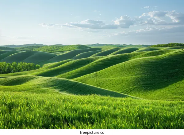 Green rolling hills under blue sky