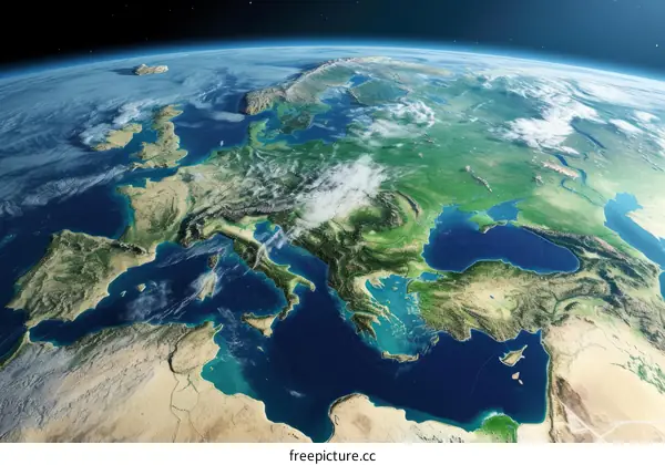 Earth from space showing Europe and North Africa
