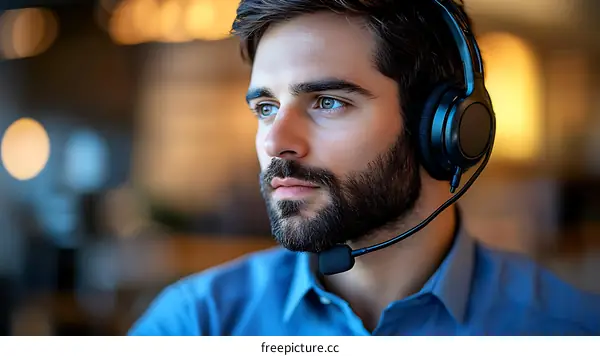 Businessman with Headset Concentrating on a Call