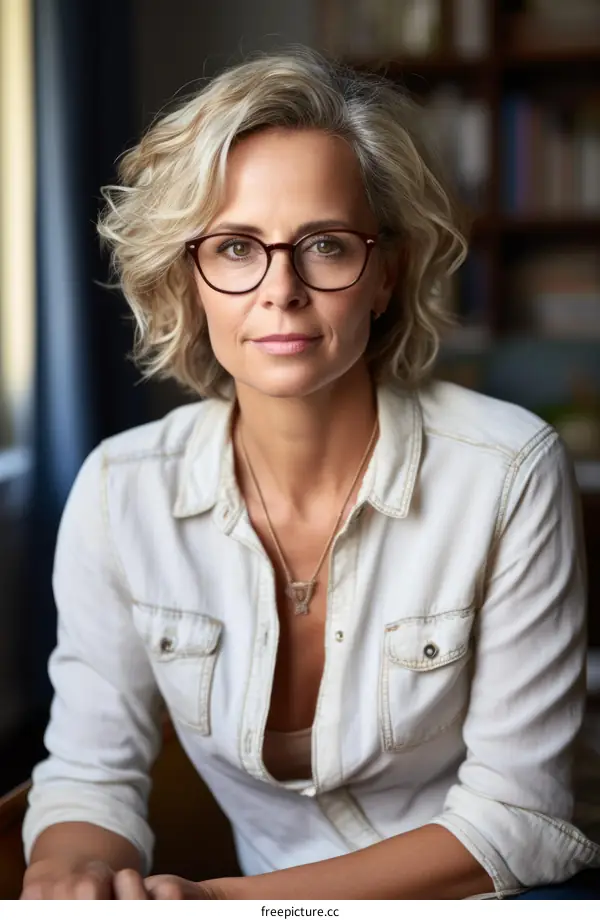 portrait of a middle aged woman with short blonde hair and glasses