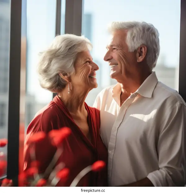 Happy elderly couple smiling and embracing in front of a window
