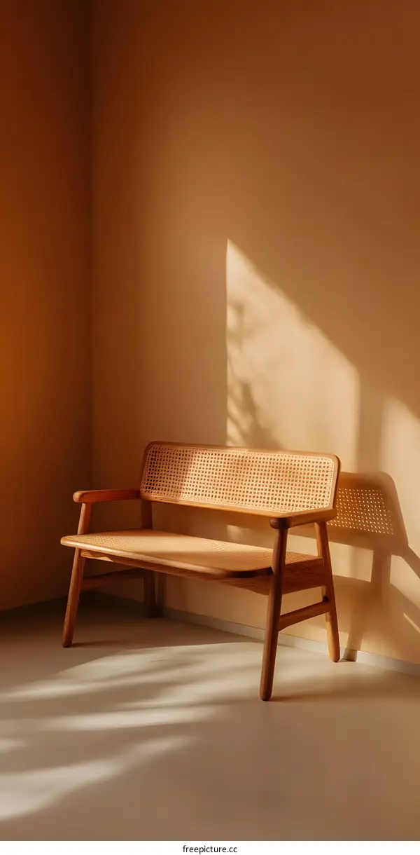 Wooden Bench With Woven Seat Against Wall With Sunlight