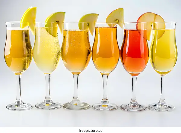 Six Glasses of Apple Cider with Apple Slices