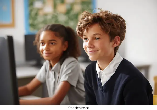 Two students in a computer classroom