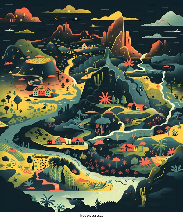 Illustrated Landscape with Mountains, Houses, and Cactus