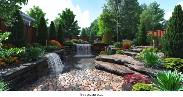 Garden Landscape Design with Waterfall and Pond