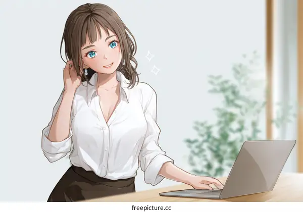 Anime Girl Working at a Laptop in a Casual Office Environment