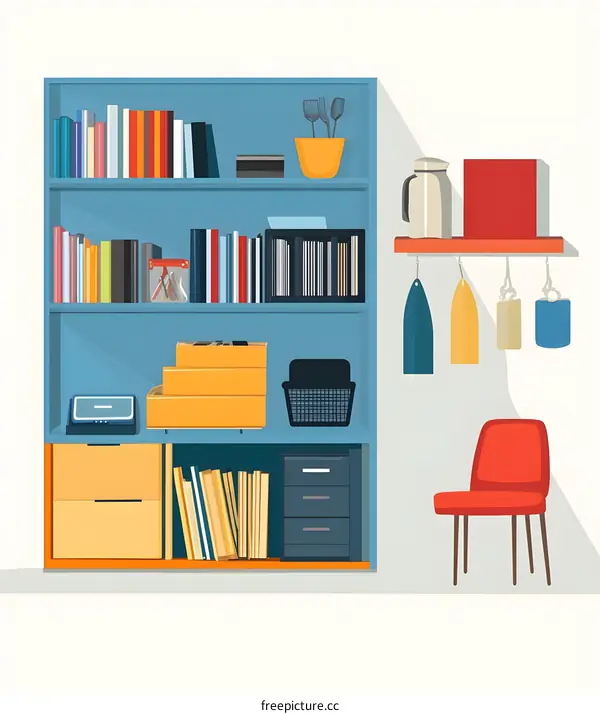 Modern Home Office with Blue Shelving and Red Chair Illustration