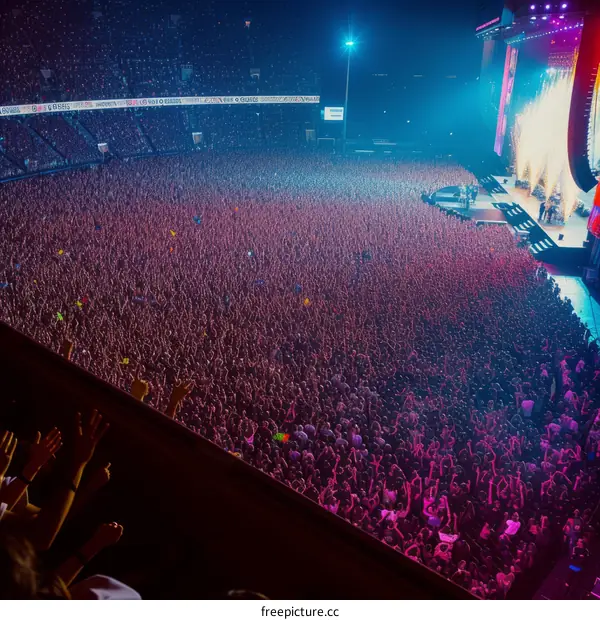 An aerial view of a large crowd at a concert with the stage in the distance