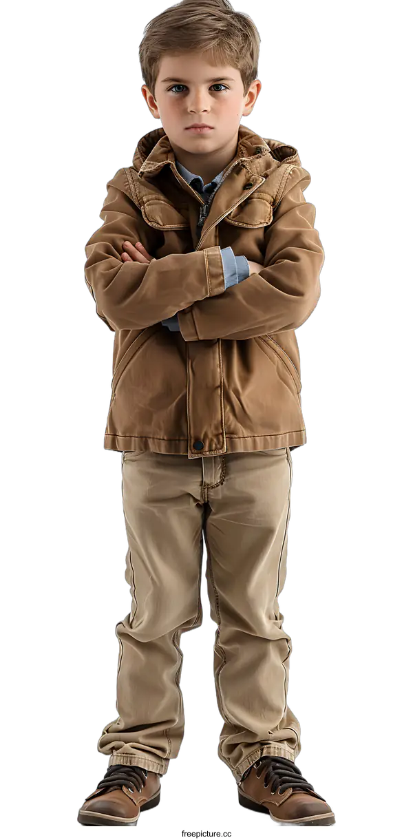 [Transparent Background PNG]Studio portrait of a young boy in a brown jacket