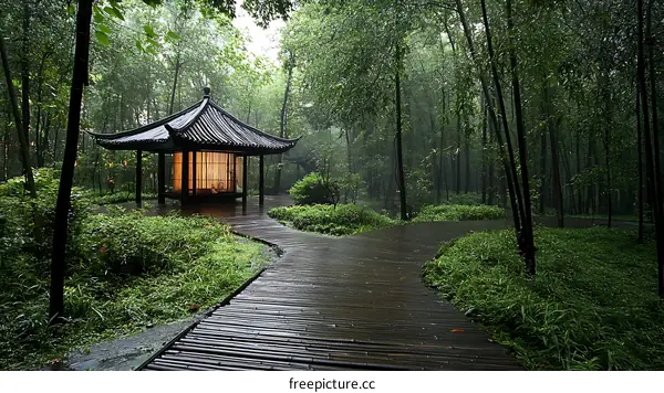 Rainy Day in a Chinese Garden Pavilion
