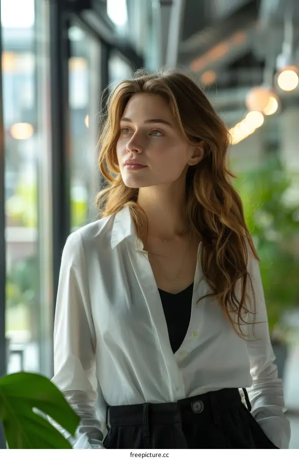 A beautiful young woman is looking out the window thoughtfully