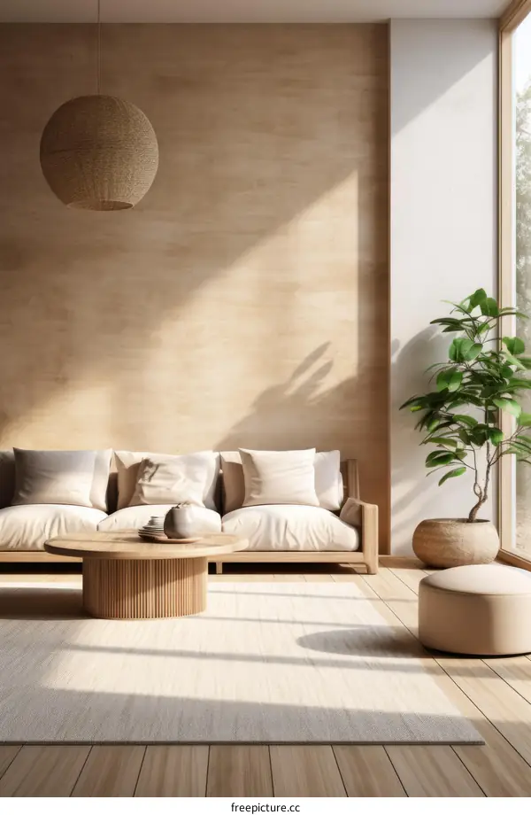 Modern Minimalist Living Room with Sofa, Coffee Table, and Large Windows