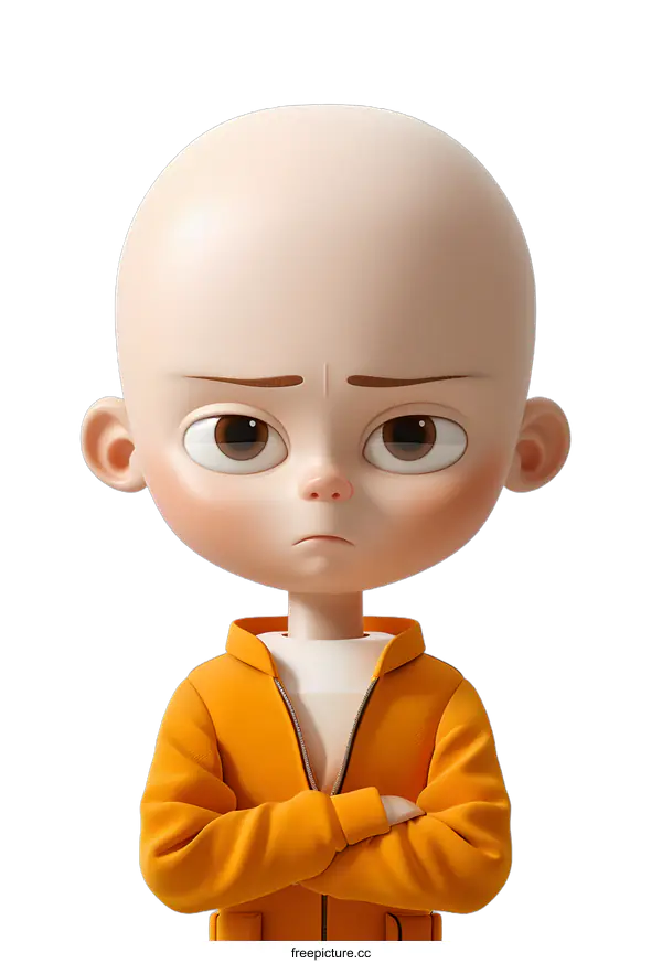 [Transparent Background PNG]3D Rendered Cartoon Character Bald Boy with Arms Crossed Wearing Orange Jacket