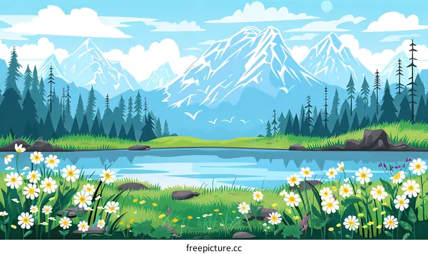 Mountain Lake Scenery Illustration