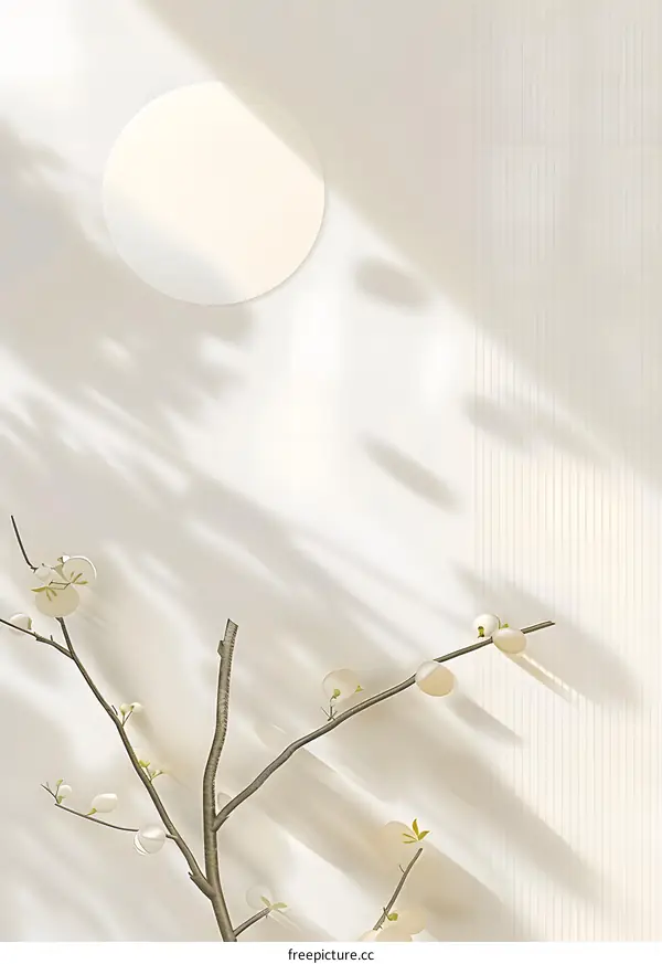 Minimalist White Branch with Flowers and Round Shadow