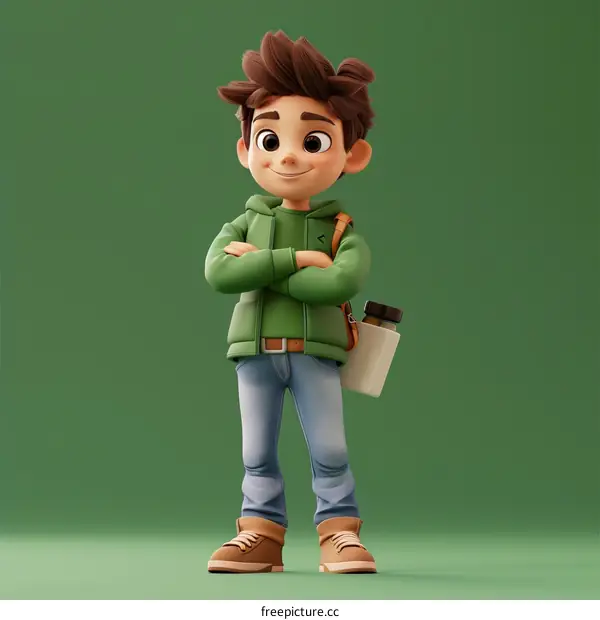 Smiling Boy in Green Jacket with Backpack