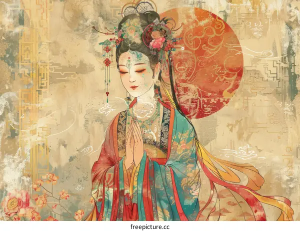 Woman in Traditional Hanfu Praying at a Temple