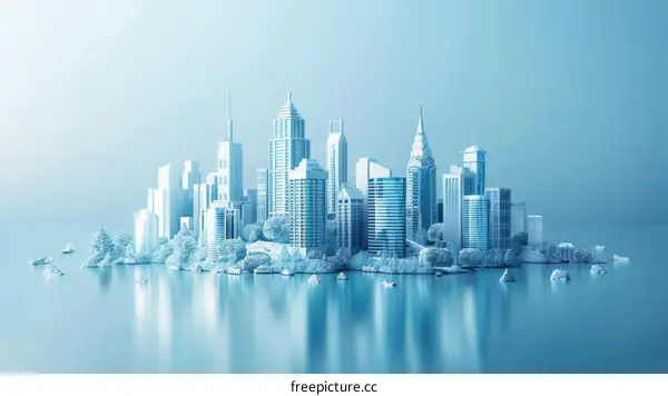 Blue Cityscape with Minimalist Buildings on an Island