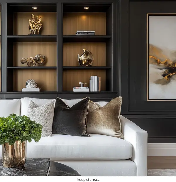 Modern Sophistication Living Room with Built-in Bookshelves