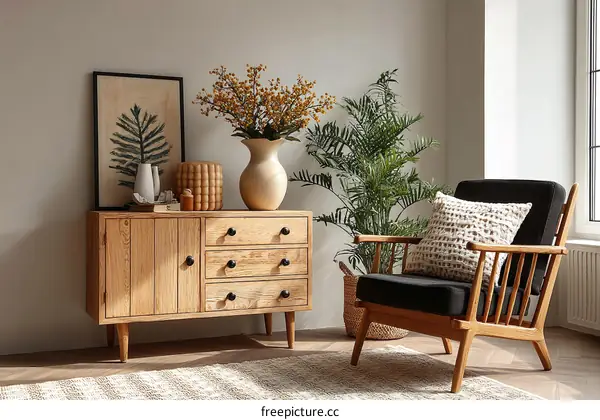 Wooden sideboard and armchair in a cozy living room