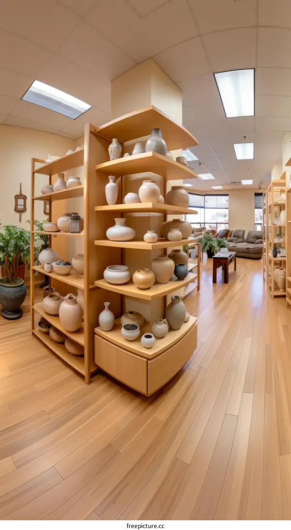 A pottery studio with shelves of ceramic pots and vases