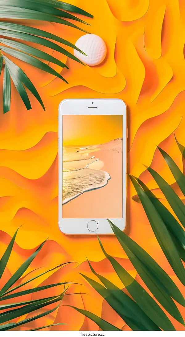 Beach Scene on Phone Screen with Palm Leaves and White Ball
