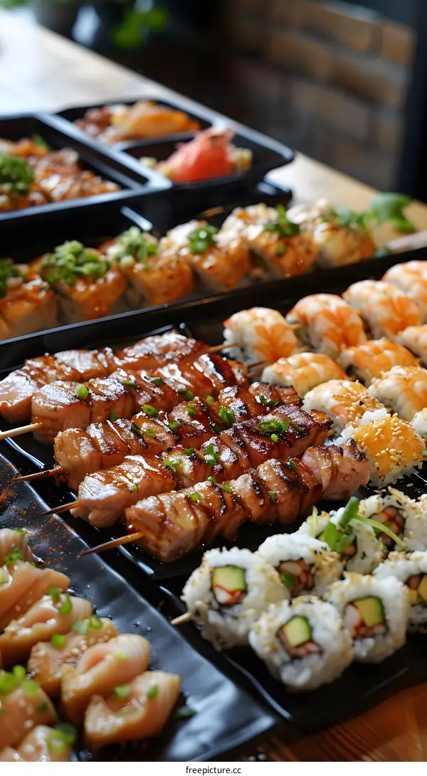 A variety of delicious Japanese food including nigiri, sushi, and skewers