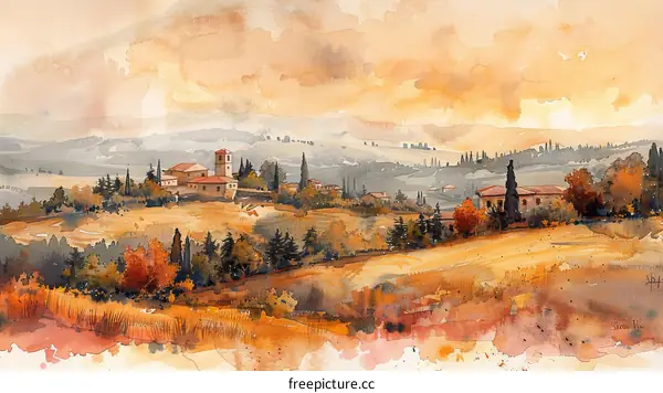 Watercolor Painting of a Tuscan Landscape