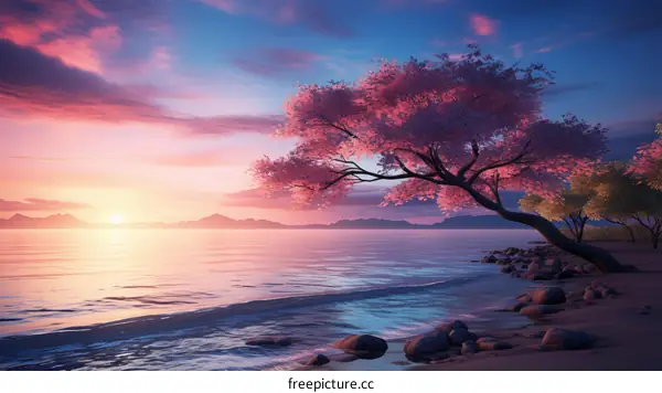 Tranquil evening by the lake with a pink blossom tree