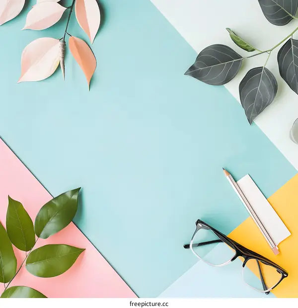 Flat Lay with Green Leaves, Glasses and Pencil