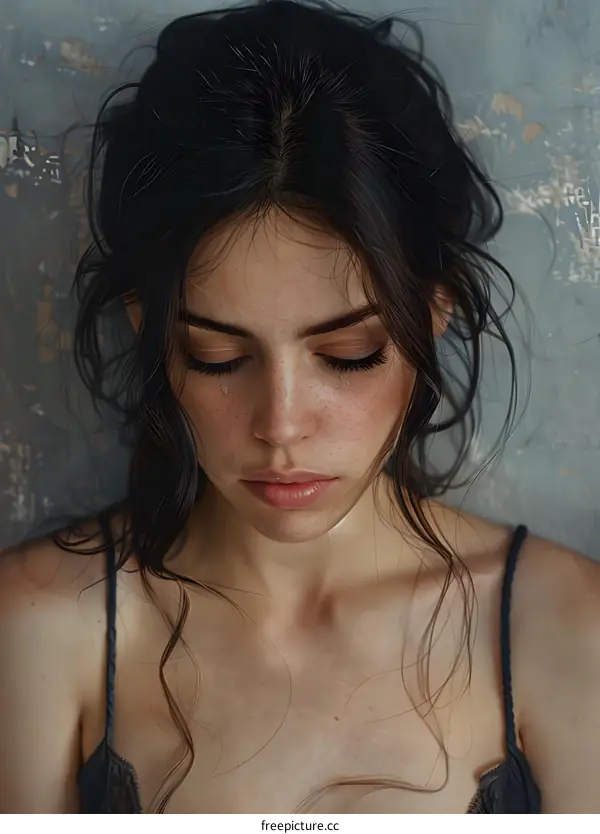 portrait of a beautiful freckled woman with brown hair wearing a black camisole looking down