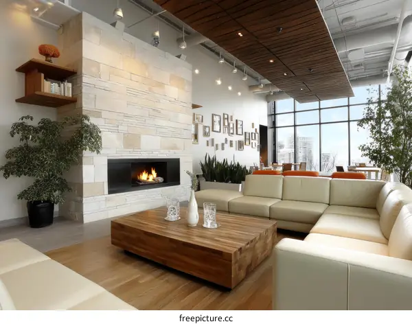 Modern Living Room with Fireplace and Large Windows