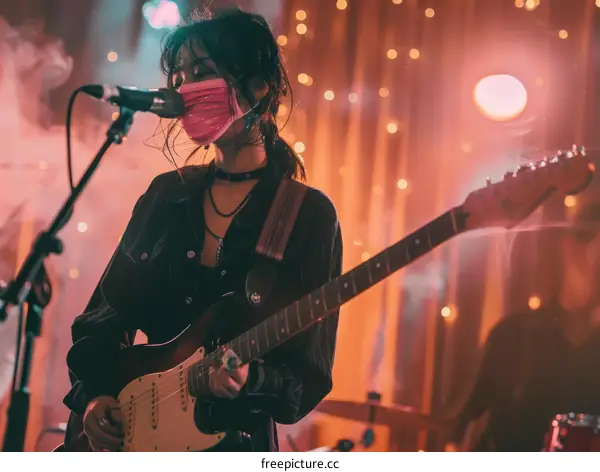 Asian female wearing a mask singing and playing the guitar on stage