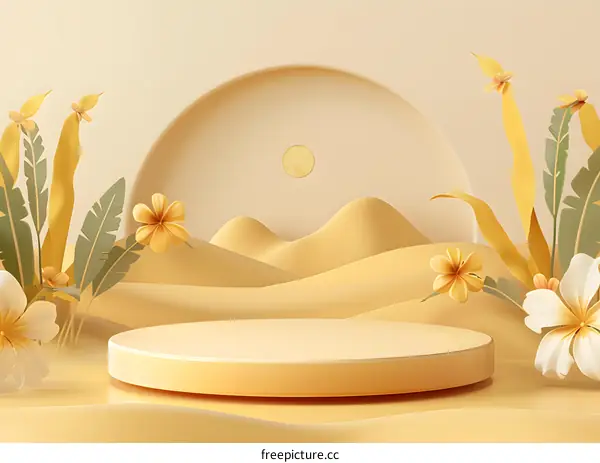 Minimalist Yellow Desert Scene with Flowers and Platform