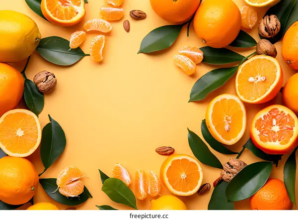 Fresh Orange Fruits With Leaves And Nuts On Yellow Background