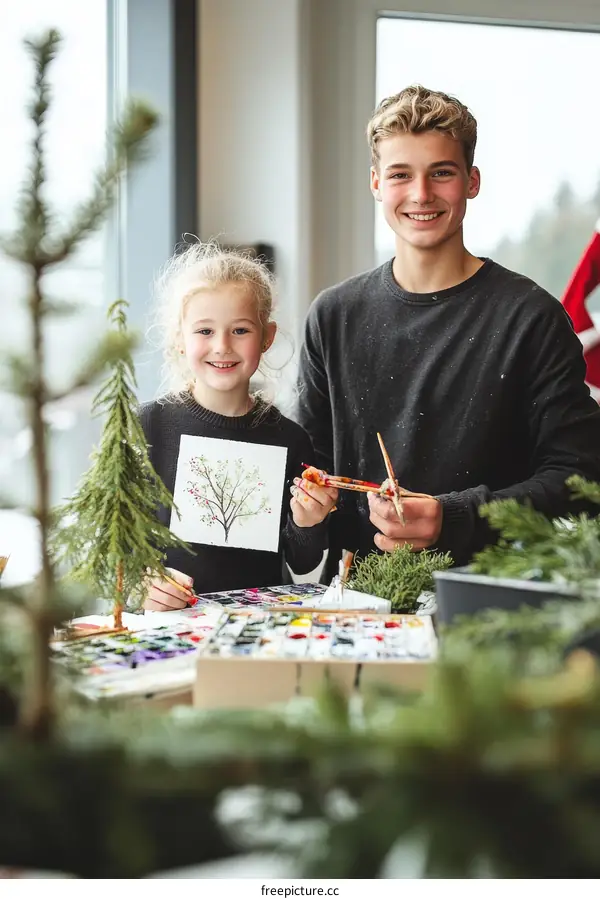 Children Painting Christmas Trees