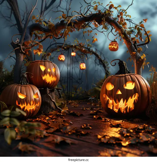 Enchanted Halloween Pumpkins with Autumn Leaves