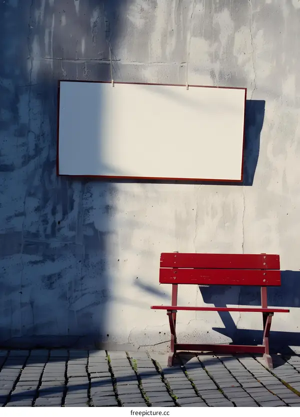 Red Bench and Blank Sign Against a Concrete Wall