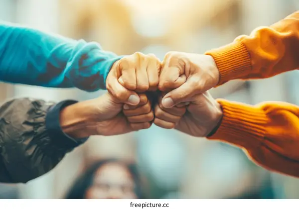 A group of diverse people joining their fists together in unity and strength
