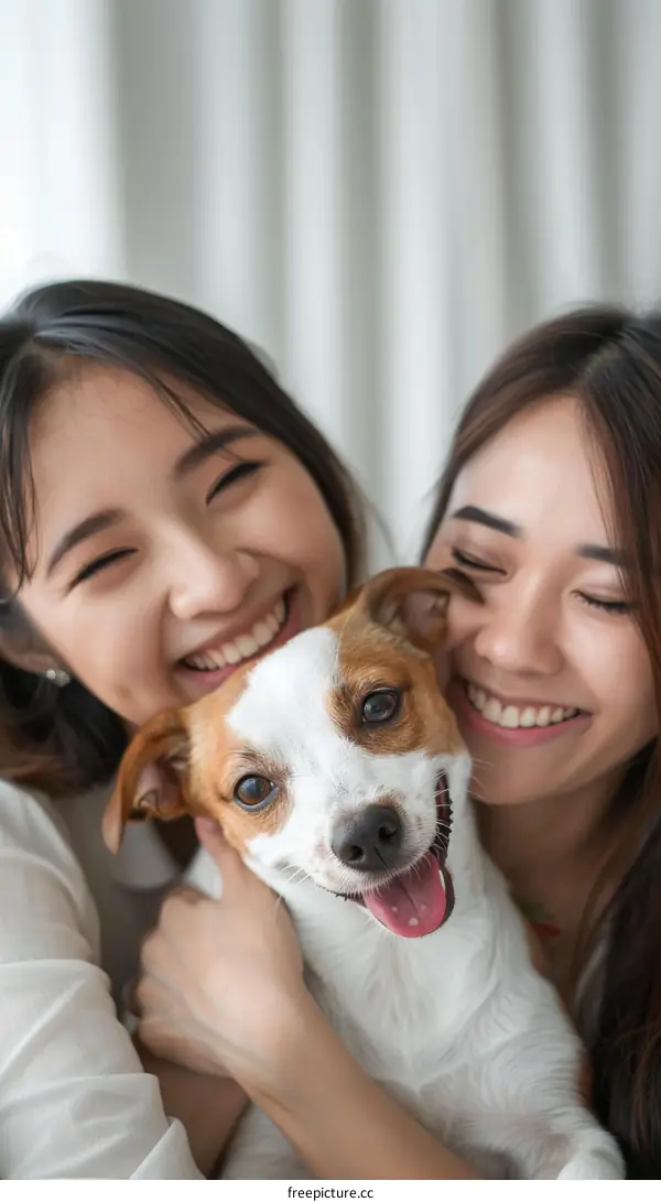 Two Asian women hugging a small dog